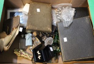 A box containing cased cutlery, costume jewellery and other interesting and collectible items