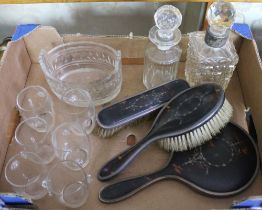 A cut glass scent bottle with silver collar and facet ball stopper, a Georgian glass butter dish, ot