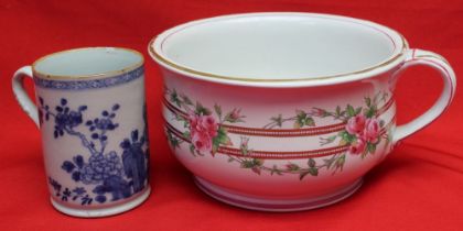 A Victorian Minton ceramic chamber pot, pink rose decoration, painted No 4580 to base, together with