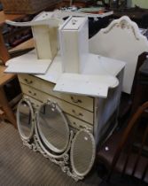 A cream and gilt 20th century chest of five drawers with associated headboard and bedside tables