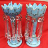 A pair of Victorian blue glass lustres, painted floral swag decoration 27cm high