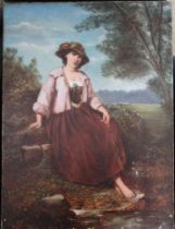 Van Benner, "Country Girl" resting beside a stream, oil painting on canvas, signed, 61cm x 46cm, unf