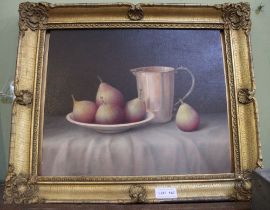 Trisha Handwick (1949-2022) still life titled 'Figs, Silve & Cream', oil on canvas panel, signed, 30