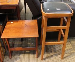 A mid century tall rexine topped kitchen stool with a teak occasional table