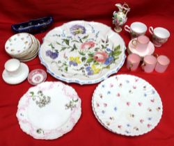 A continental faience charger, floral painted 38cm diameter, a Spode floral encrusted ewer and other