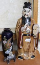 An Oriental glazed ceramic wiseman figure 42cm high, together with a cobalt blue glaze vase with gil