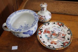 A late 19th century blue & white transfer printed Child's chamber pot, together with two other ceram