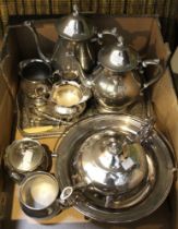 A box containing a silver plate tea set, Elkington dish etc