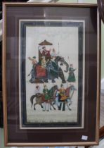 An Indian painting on fabric, depicts an Elephant with Howder & outriders, framed & glazed