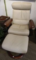 A cream leather Ekornes reclining armchair with foot stool