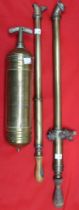 A brass Pyrene fire extinguisher and two brass garden pumps (3)