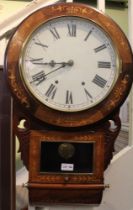 A Victorian drop dial wall clock, marquetry inlaid case, 8-day movement, the dial with Roman numeral