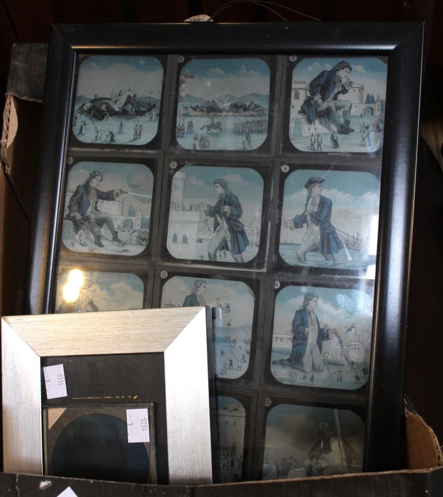 A frame of twelve magic lantern slides, depicting the adventures of Gulliver, together with two