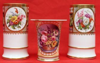 A pair of 19th century Spode porcelain spill vases of cylindrical form, gilded and hand painted flor