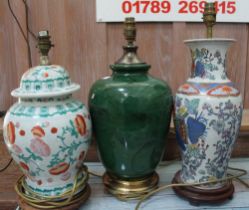 Three late 29th century table lamps of Oriental design, includes a green lamp with malachite glaze