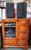 A modern yew wood cabinet containing a Sony LBT-M350 stacking Hi-Fi system plus two speakers