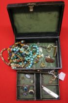 A jewellery case and contents, includes silver bladed folding fruit knife, silver and enamel Art Nou