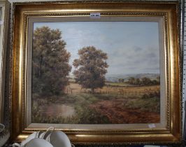 Lesley Hammett "Harvest Landscape" Oil painting on canvas, signed 39cm x 49cm, gilt framed