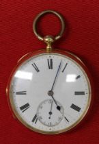 An 18ct gold cased pocket watch with plain dial and subsidiary seconds