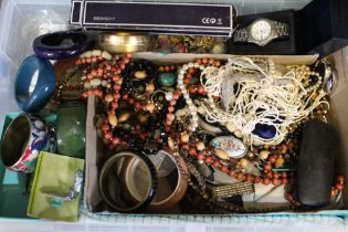 A tray box containing a quantity of costume jewellery, etc