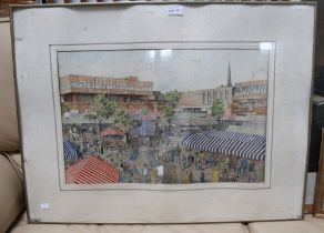 Redditch Kingfisher Centre open air market, ink drawing with watercolour, architectural study, with