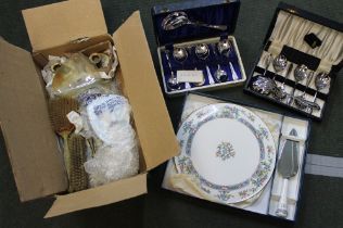 A selection of silver plated spoons with Royal Worcester cake plate and a bedroom dressing