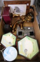 A box containing a marble desk stand, a statue of golden dolphins etc