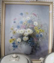 20th century European school, "Vase of flowers", oil painting on board, indistinctly signed, 50cm x