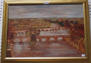 Joan Warr "Vanishing Point" view of the Avon at Stratford, from the top of the memorial theatre, oil