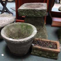 A cast bird bath on stand, together with two smaller pots