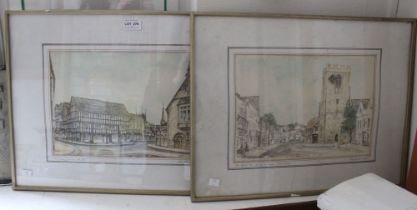 Paul M Whiston, "High Street Henley-in-Arden" and "Evesham Town Center" two architectural ink drawin