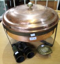 A lidded copper pan on metal stand, 39.5cm diameter, a pair of binoculars and a cast brass nut form