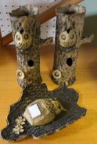 Two studio pottery ceramic tree trunks and an owl on a plaque
