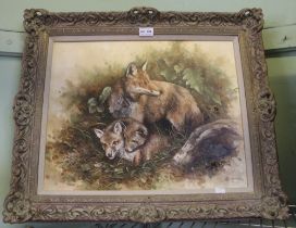 C D Howells "Vixen and her cubs" oil painting on canvas, signed, 39cm x 49cm, framed