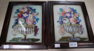 A pair of Victorian decorative foil and painted pictures, each a vase of flowers, 22cm x 17cm, in fa