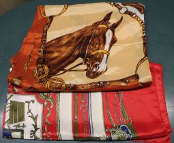 Two Hermes style printed head scarves, one in browns with horse decoration, the other predominantly