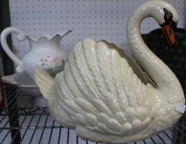 A ceramic Swan, together with a small toilet set