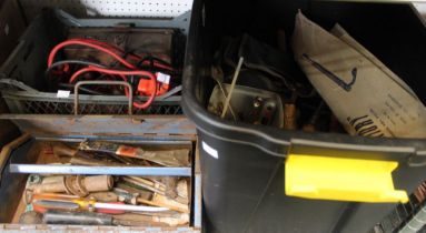 Two crates and a metal tool box containing a large quantity of hand tools, jump leads etc