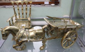 A brass horse & cart, together with a brass rocking chair