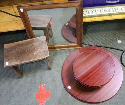 An small oak framed mirror, together with a small oak stool & two demilune wooden display shelves