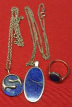 Two 9ct gold chains with Lapis Lazuli pendants and a 9ct gold ring inset a Lapis panel, gross weight