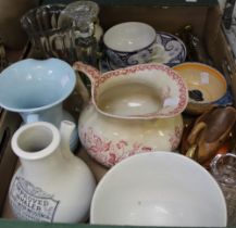 A box containing a selection of useful and collectible brass and china wares