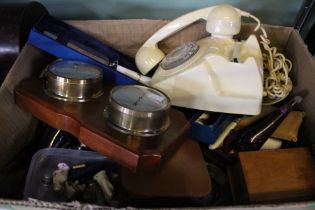 A box containing a selection of domestic wares inc glass, a vintage telephone, etc