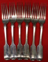 A set of six Victorian silver fiddle pattern dinner forks, London 1863, combined weight 456g