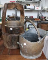 A brass & copper coal scuttle together with a used well bucket