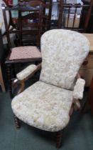 A 19th century childs upholstered armchair barley twist legs and stretchers together with a single b