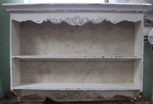 A white painted & distressed two shelf wall hanging unit