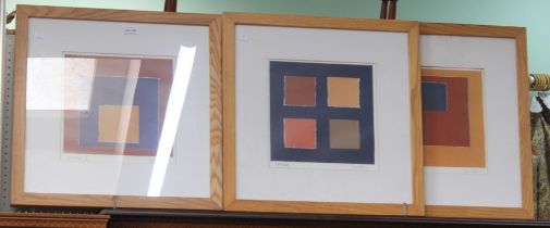 Three framed & glazed abstracts by Roy Speltz, titled “Untitled I”, “Untitled II”, “Gridlock”, each