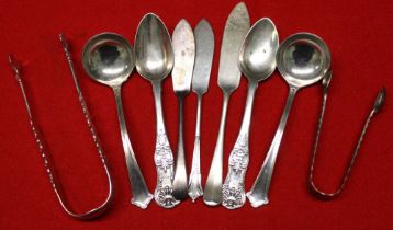 A quantity of hallmarked silver, includes, a pair of sauce ladles, three butter knives, two pairs of