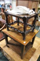 A small oak occasional table with inlaid edge together a bergere topped footstool